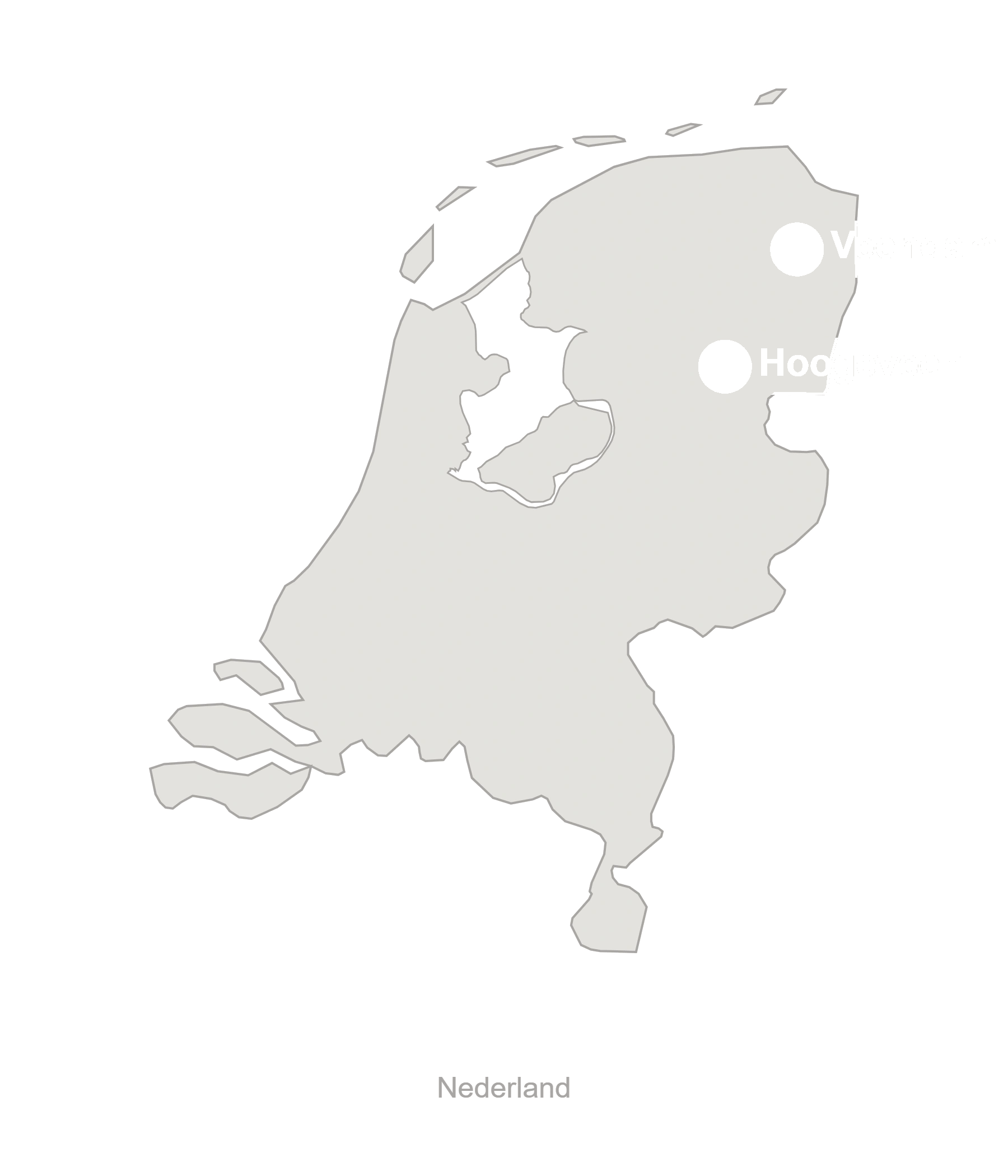 Kaart van Nederland met Veendam en Hoogeveen, verbonden door een lijn